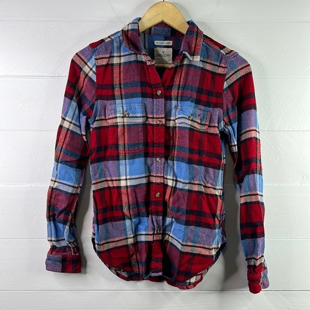AMERICAN EAGLE Red Cream Blue Plaid Flannel Soft Long Sleeve Button Up Top Sz XS